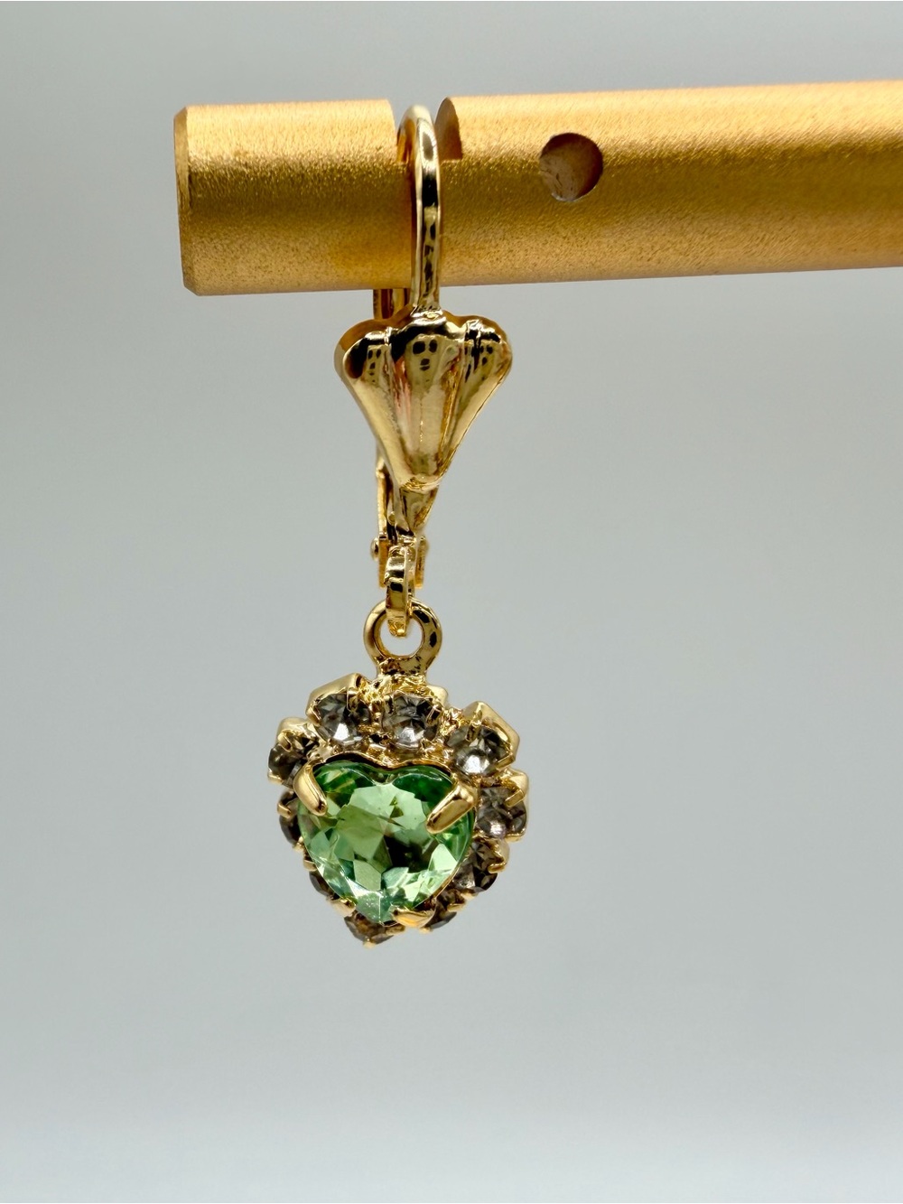 Gold Plated Heart Drop Earrings with Peridot Green Crystal Center - Picture 3 of 6